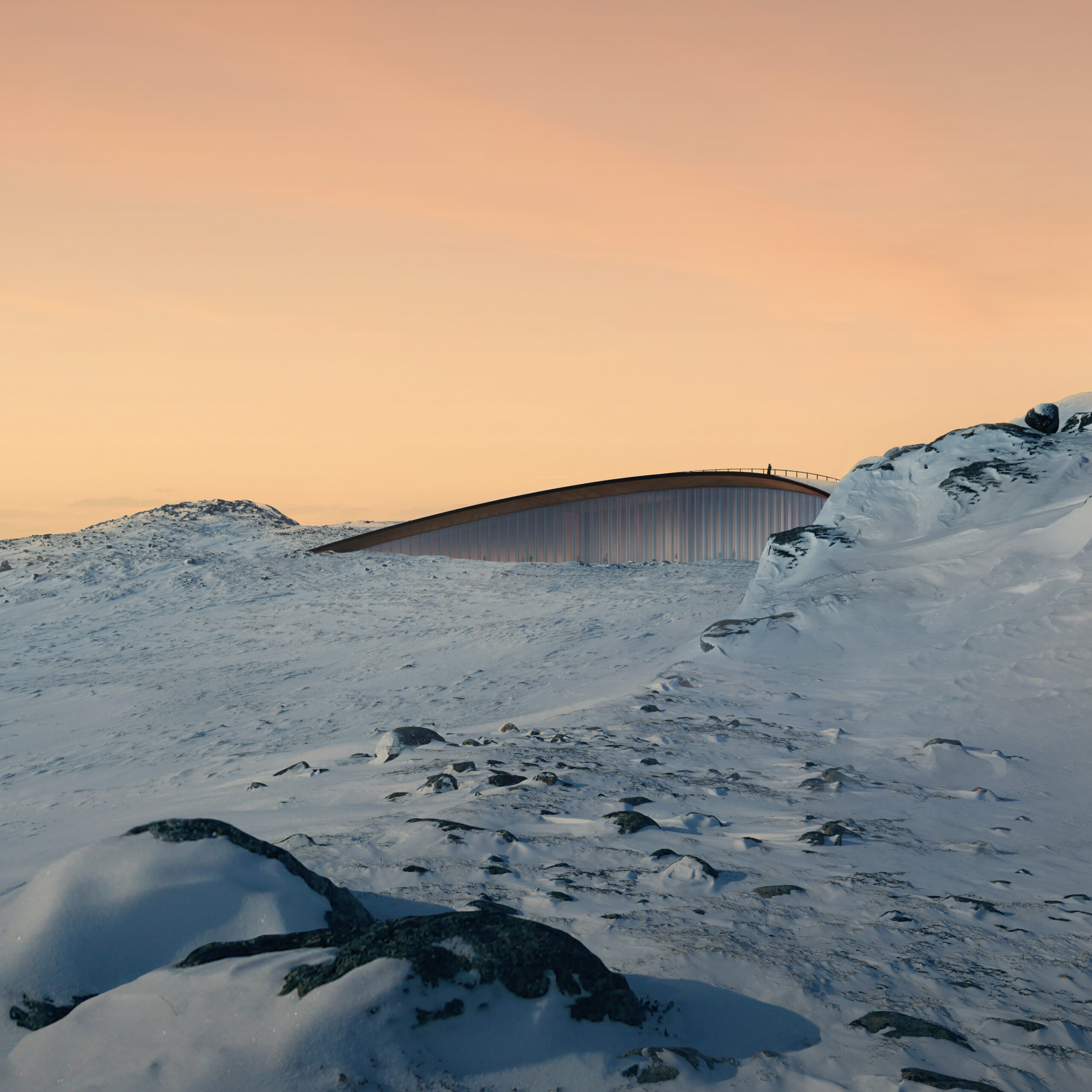 Drawing of what the future NIHC will look like, positioned between two hills